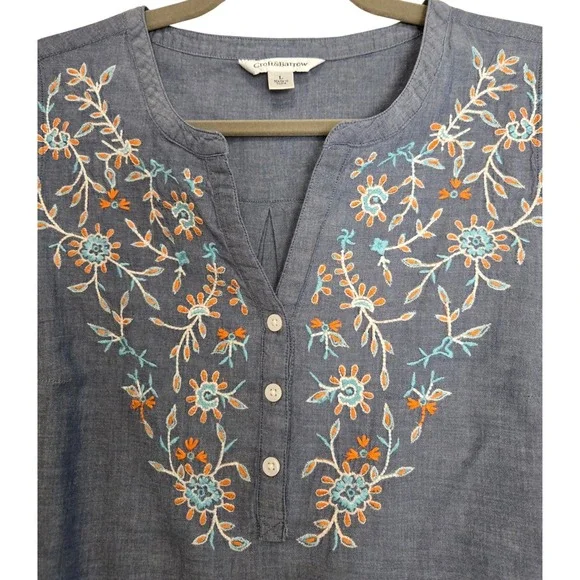 Croft & Barrow Womens Sz L Boho Floral Blue Cotton Embroidered Sleeveless Top - Picture 4 of 8